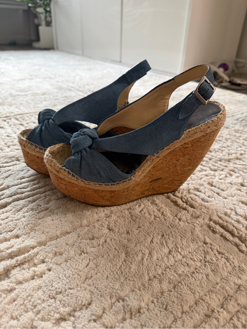 Jimmy Choo Denim Blue Knot Cork Wedge Sandals